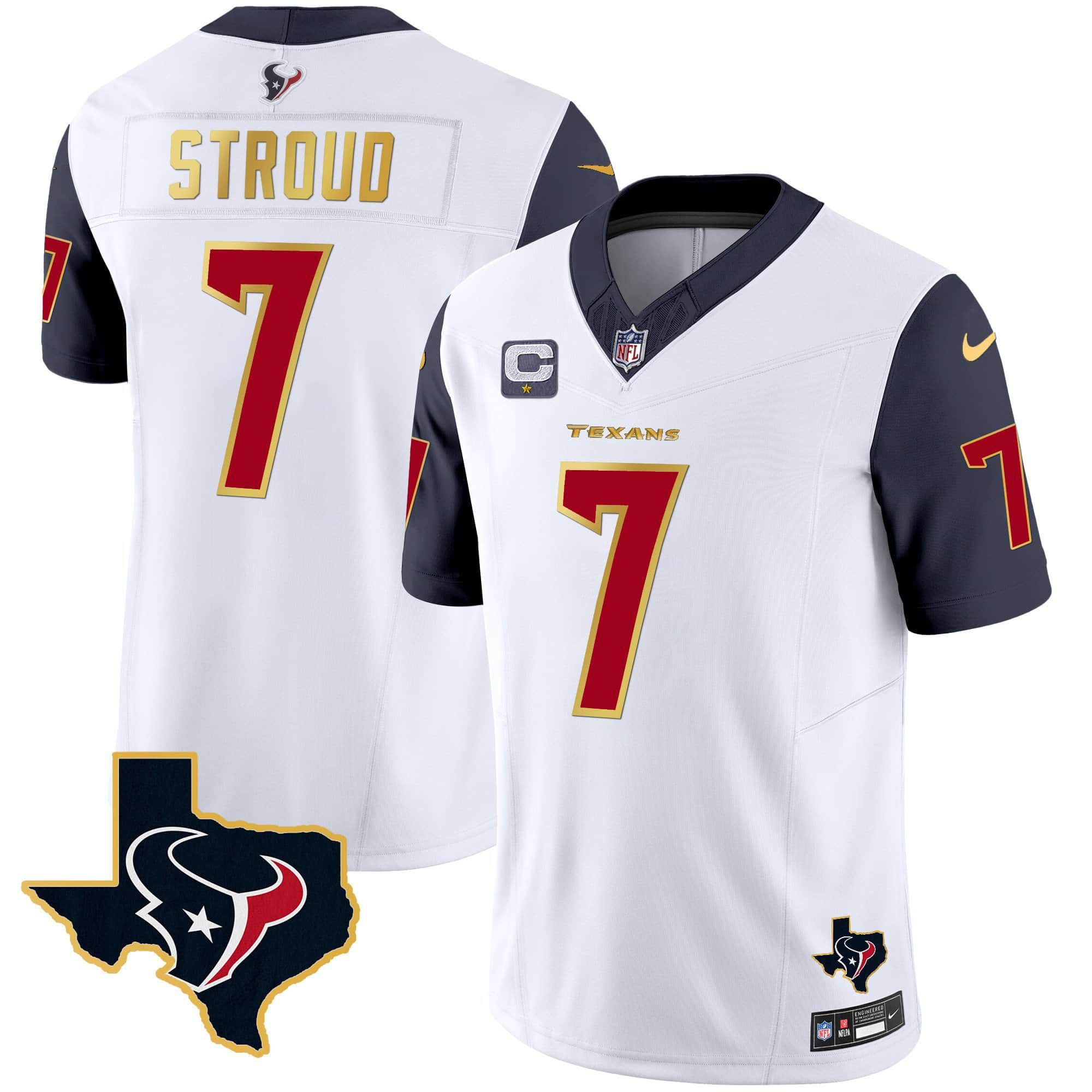 Men Houston Texans #7 Stroud White Gold 2024 Nike Trim Vapor NFL Jersey style 1